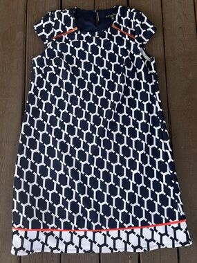 Madison Leigh Navy Blue White Patterned Dress with Coral and Zipper accents, 14W